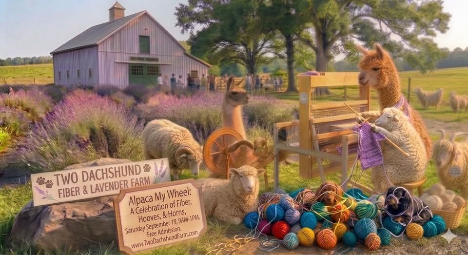 Alpaca My Wheel event poster showing alpacas, sheep and a llama at a fiber arts celebration among lavender fields at Two Dachshund Farm